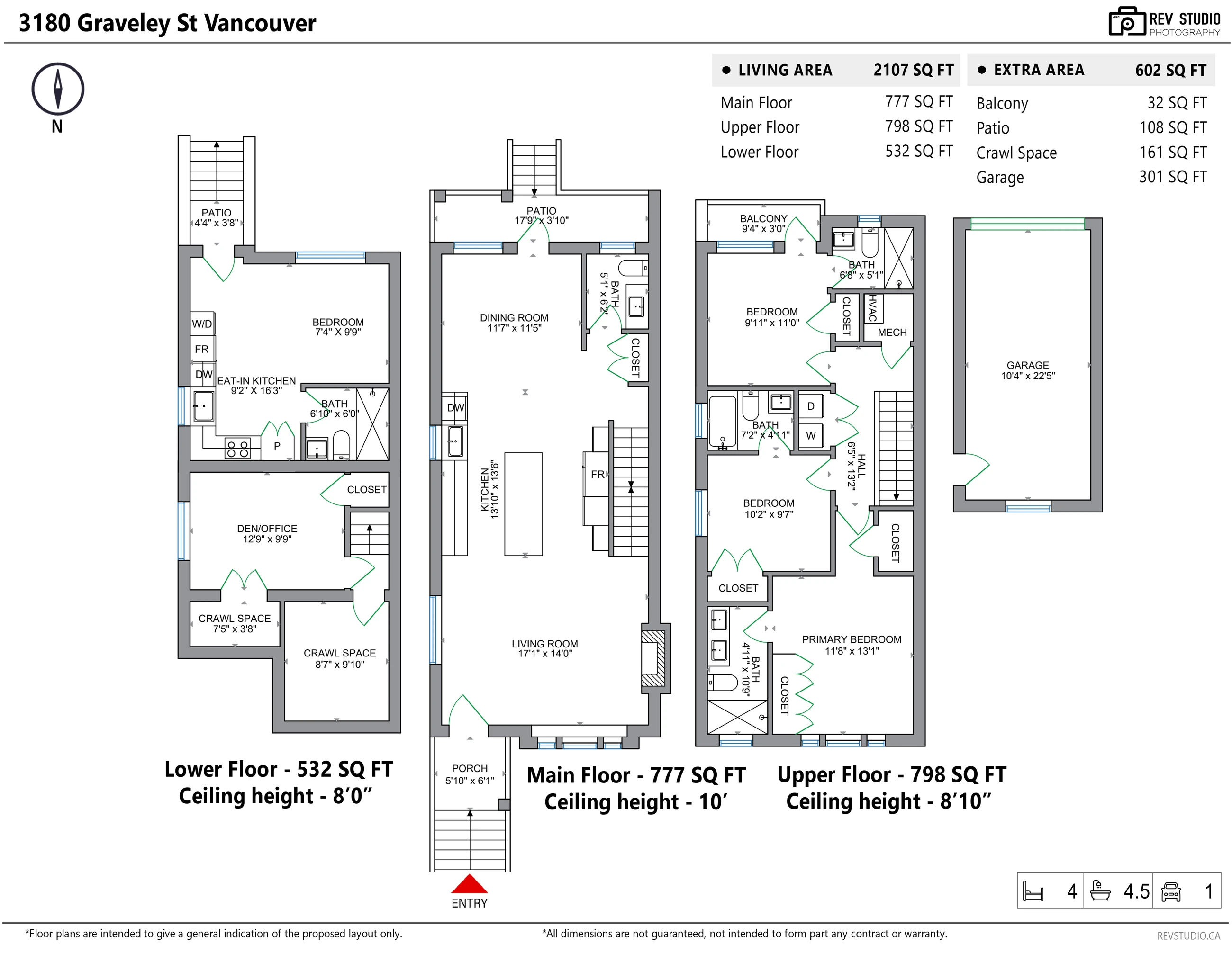 Floor plan of 3180 Graveley Street: lower floor with an eat-in kitchen, bedroom, den and bathroom; main floor with living room, kitchen, dining room and powder room; upper floor with three bedrooms and three bathrooms; and the detached garage