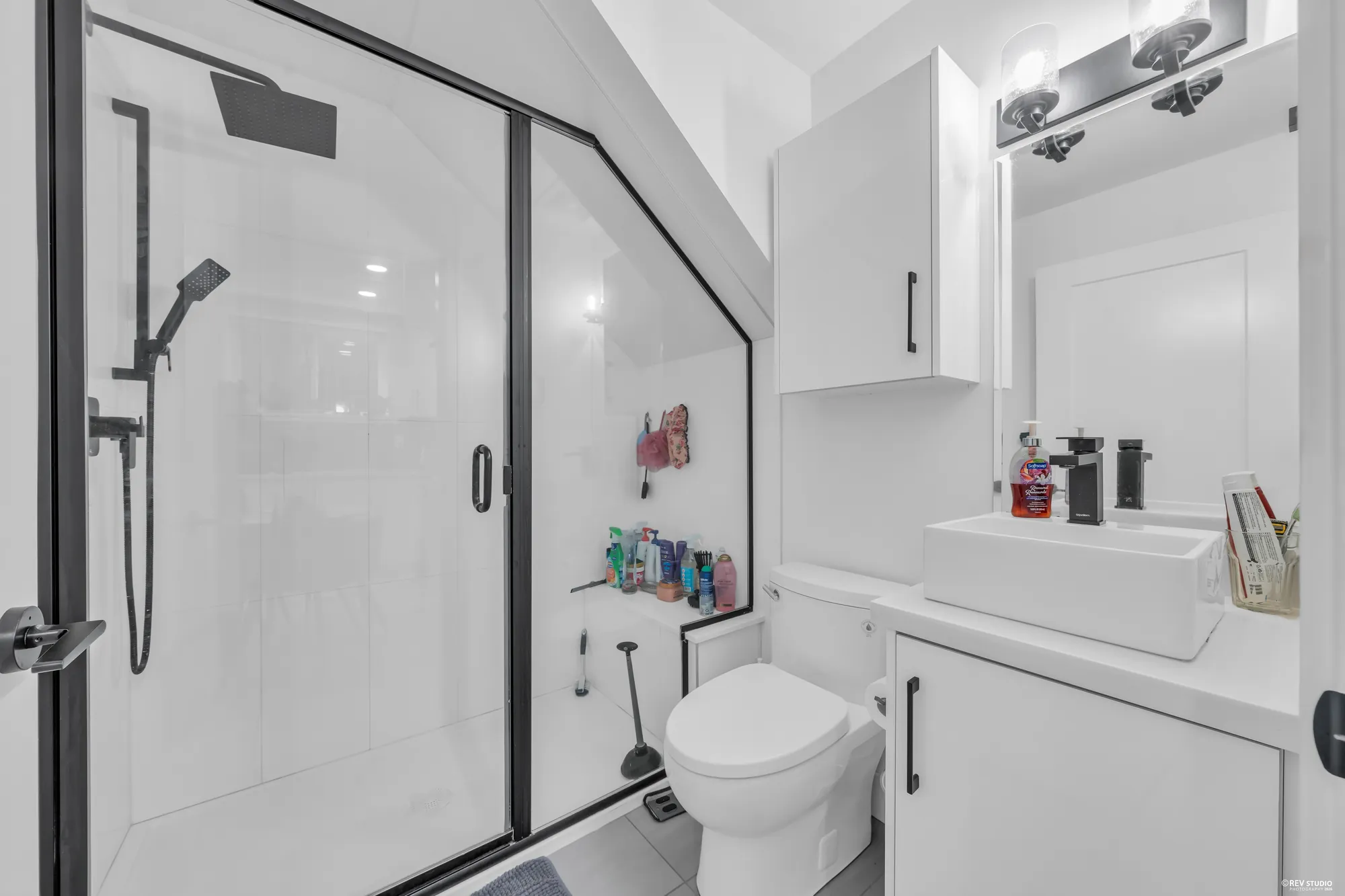 The lower bathroom: a glass shower, a toilet and a vessel sink on a white cabinet